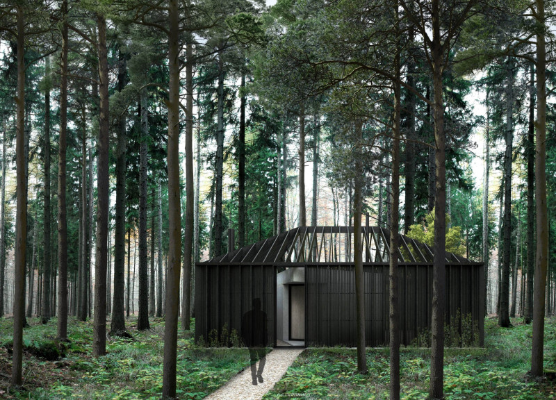 Charred Wooden Façade Embraced by Nature in a Tranquil Retreat  