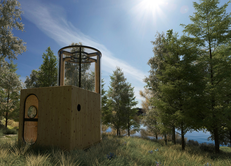 Suspended Net Structure Crafted from Engineered Wood and Panoramic Glazing for a Serene Retreat