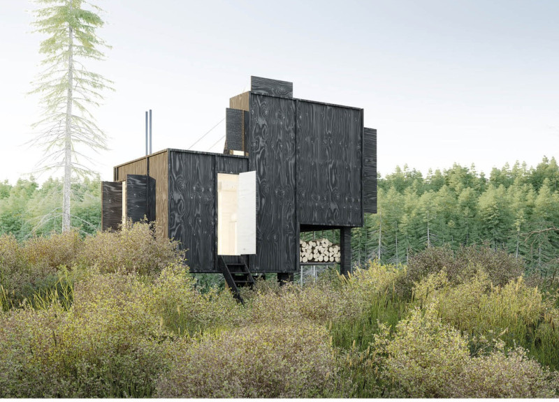 Charred Plywood Cabin Embracing Rainwater Harvesting for Serene Retreat  
