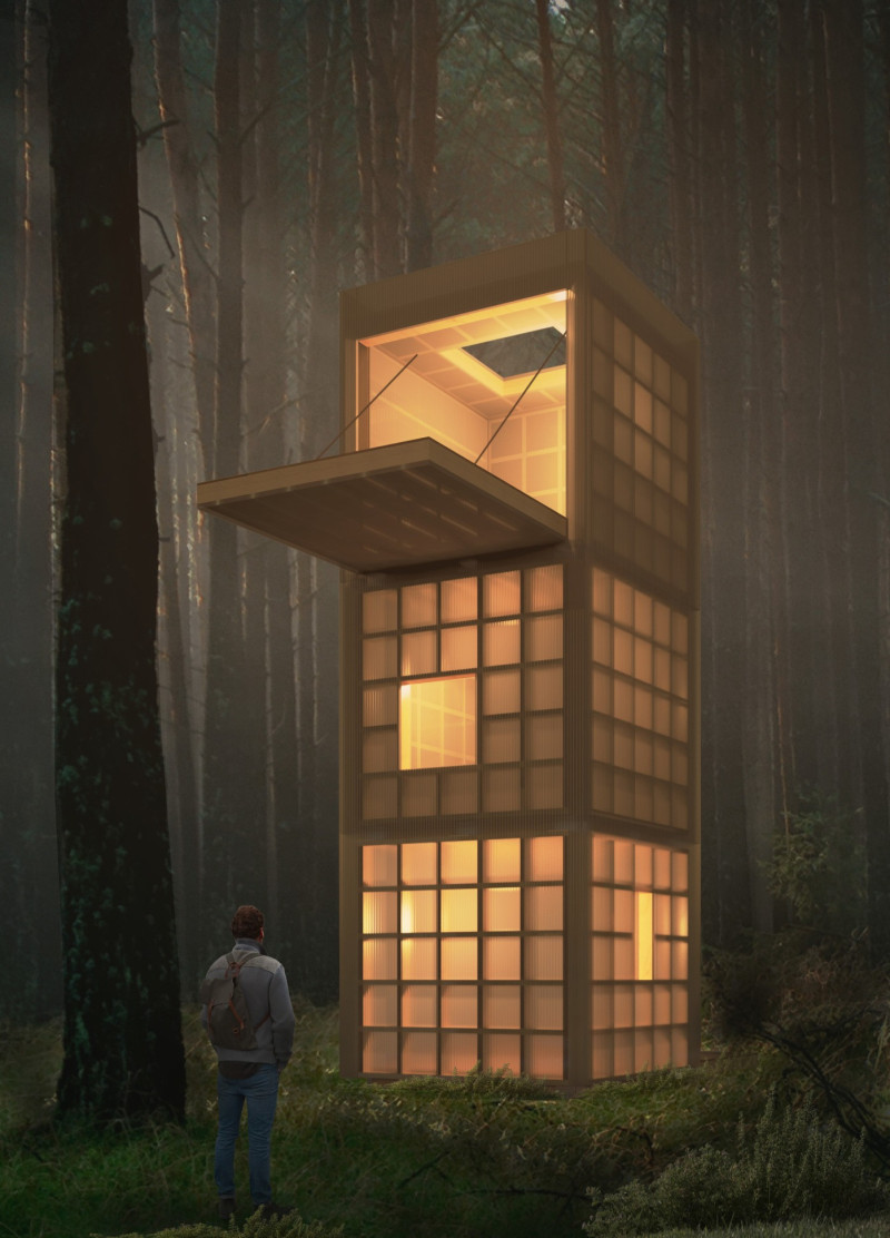 Elevation With Transparency Through Polycarbonate Panels and Sustainable Wood Framing in a Solitary Retreat