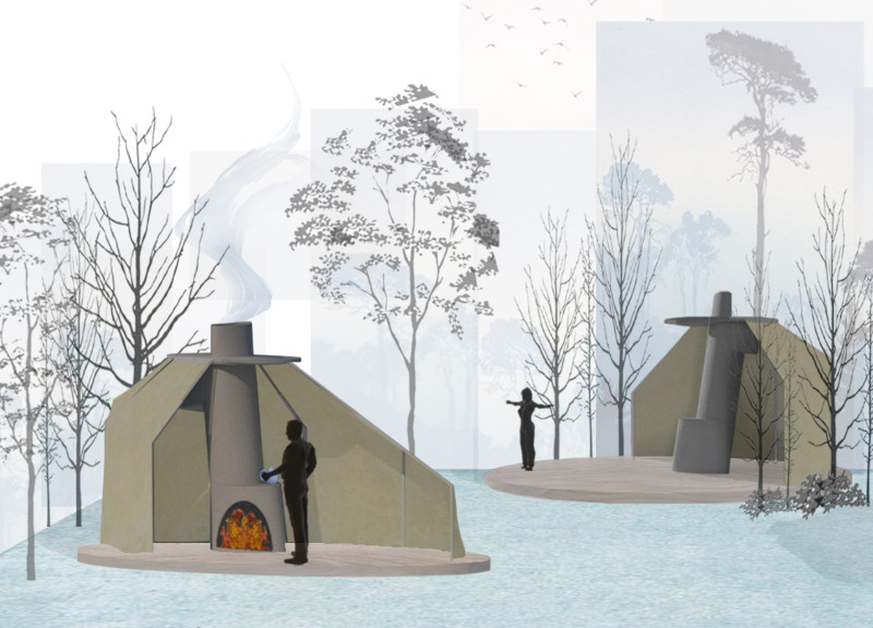 Charred Wooden Shingles and Textile Canopies Forming a Flexible Retreat for Contemplation  