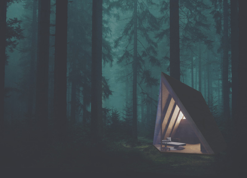 Charred Wooden Shingles and Natural Slate Form a Peaceful Retreat Elevated Above the Forest Floor