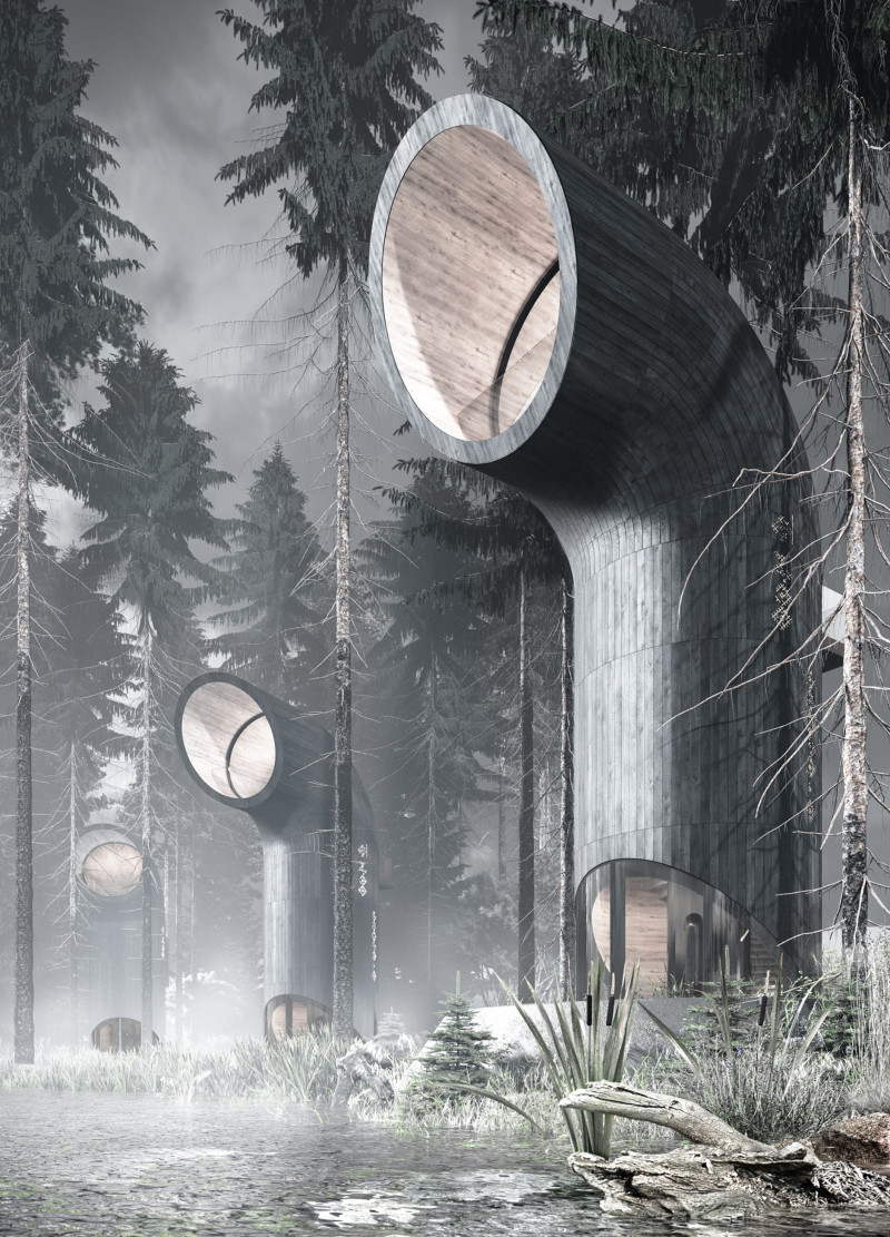 Circular Retreat Crafted from Charred Wood and Concrete Embracing Forest Surroundings