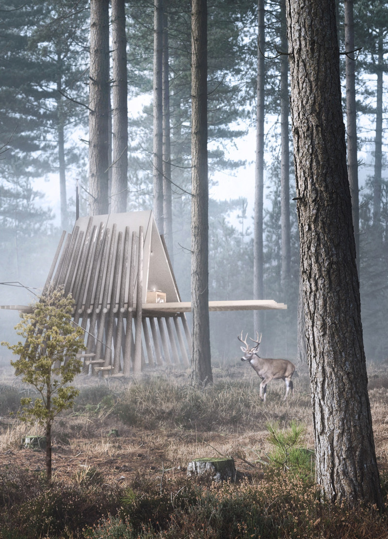 Elevated Meditation Retreat Crafted From Natural Wood and Tent Fabric Overlooking Serene Forest Views