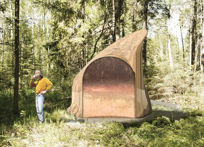Meditation Retreat Featuring Tensile Fabric Canopy and Natural Wood Finishes within a Forest Setting