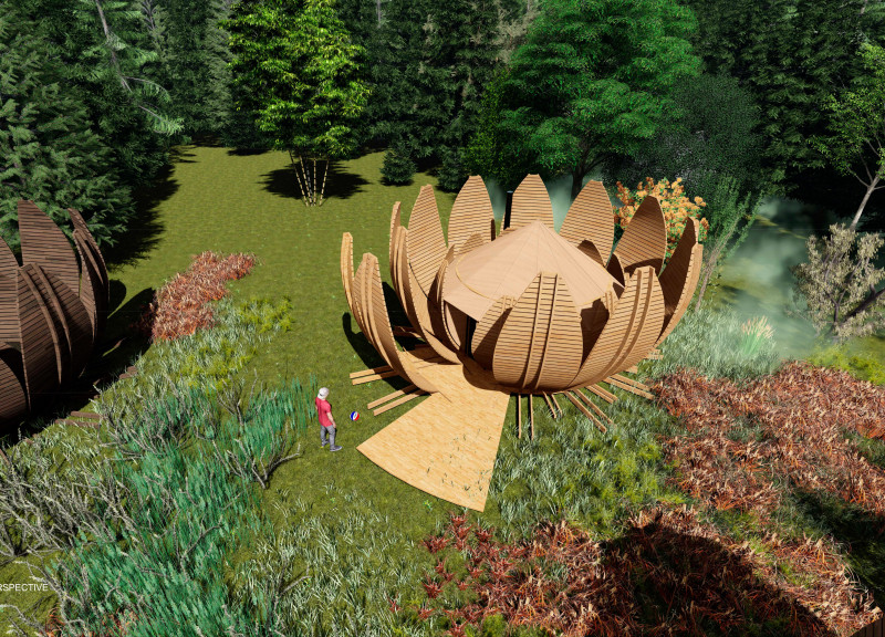 Overlapping Petals of Softwood Create a Tranquil Meditation Retreat Embraced by Nature  