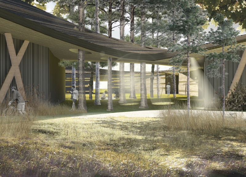 Creative retreat incorporating cross-laminated timber panels and charred wooden shingles for sustainable design.