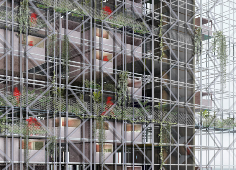 Flexible Living Spaces with Scaffolding Framework and Precast Concrete in Urban Environment  