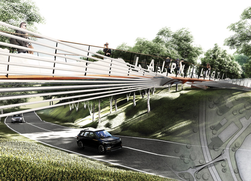 Weathered Steel and Glass Railings Enhance Connectivity Over Natural Terrain  