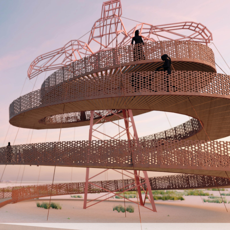 Corten Steel Helix Tower Offering Elevated Views of Wetland Habitat  
