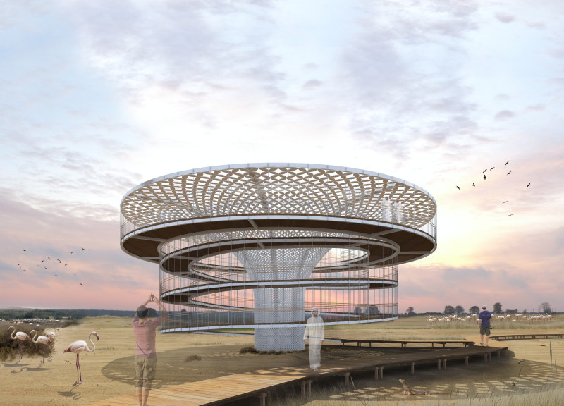 Spiral Observation Point Constructed With Stainless Steel and Natural Wood Elements ضمن Wetland Habitat
