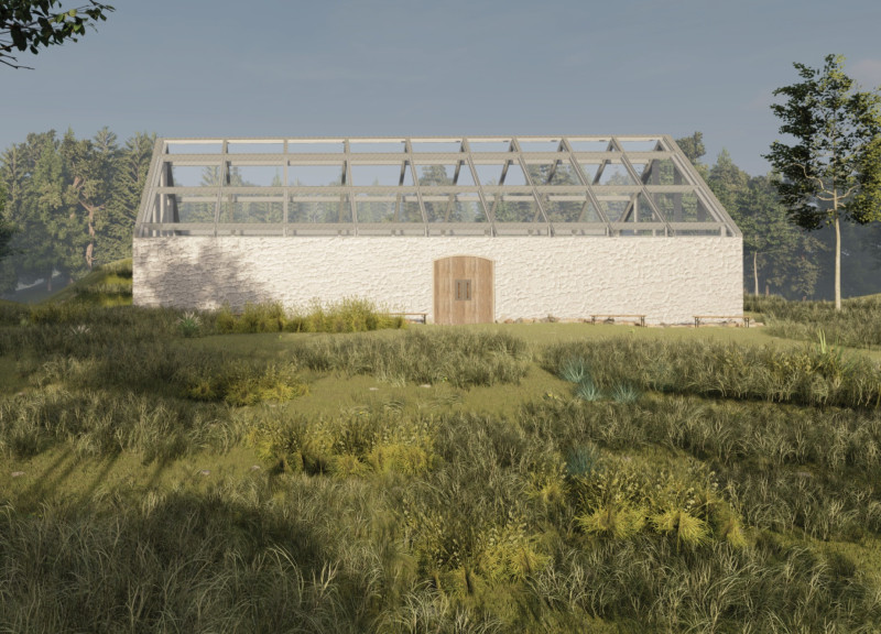 Indoor Garden Enclosed by Natural Stone and Low-E Glass in a Sustainable Guest House