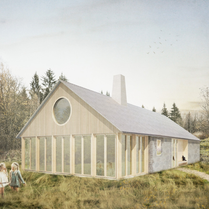 Circular Window Emphasizing Natural Light Enhances Stone and Timber Community Space  