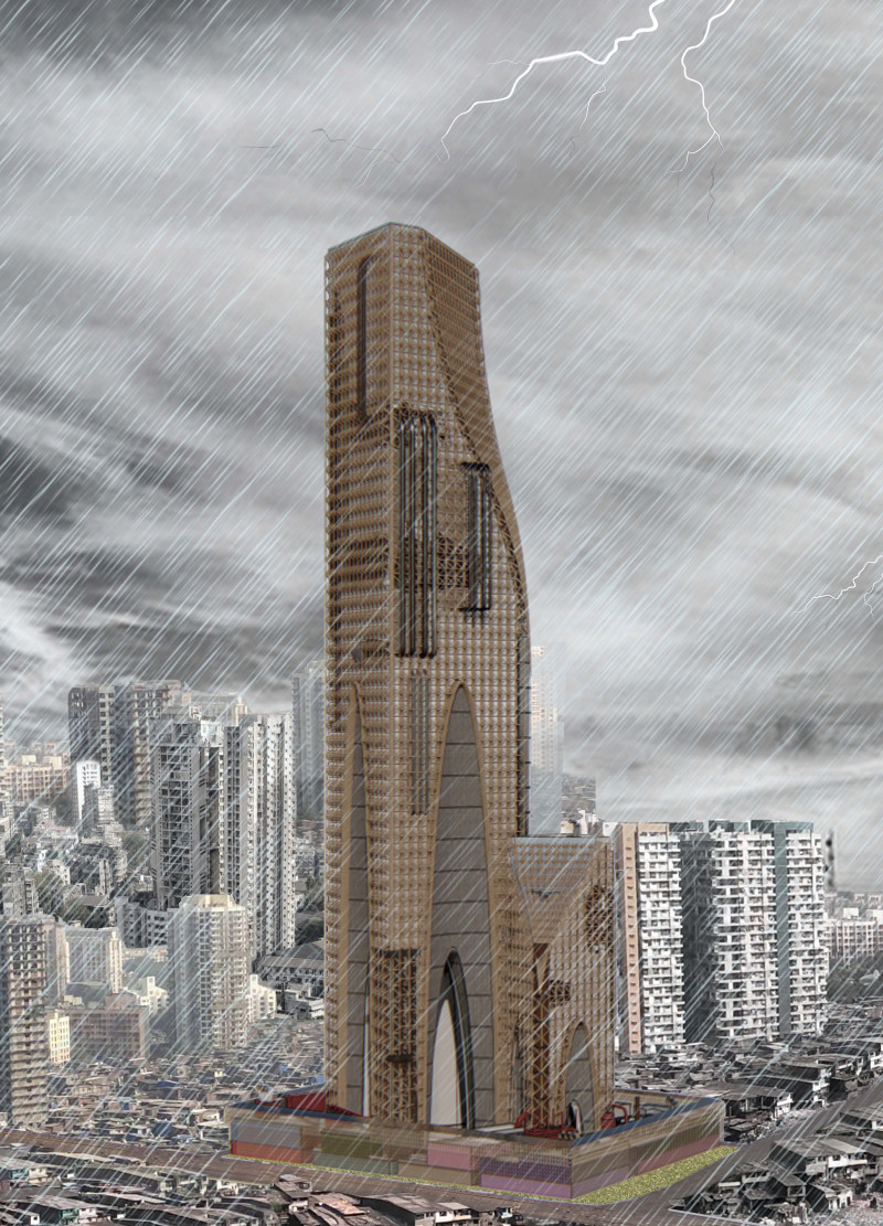 Bamboo Facade and Green Roof Tower Addressing Urban Flooding in Mumbai