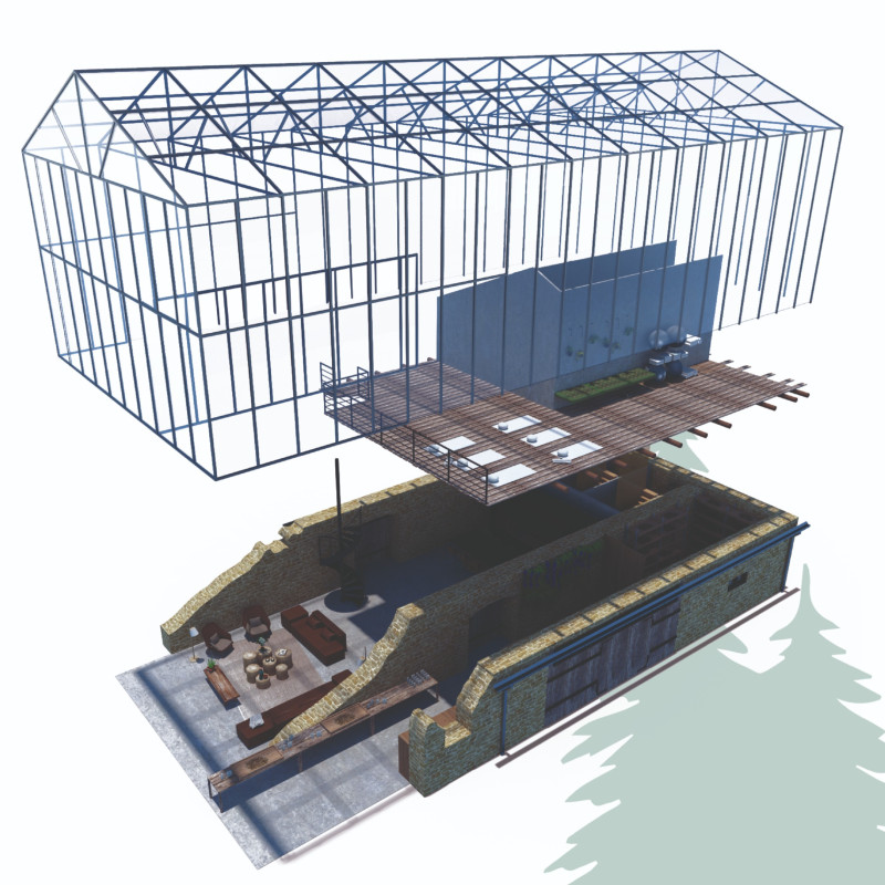 Glass Enclosure with Stone Walls Embracing Natural Ventilation and Flexible Spaces  