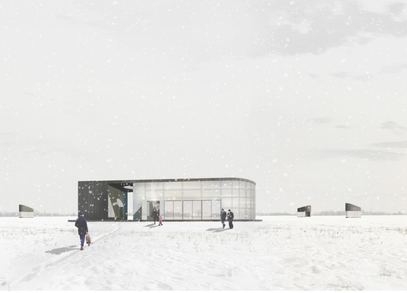 Translucent Polycarbonate Structure Amidst A Snowy Landscape Featuring Warm Timber Framing and Retreat-Specific Huts