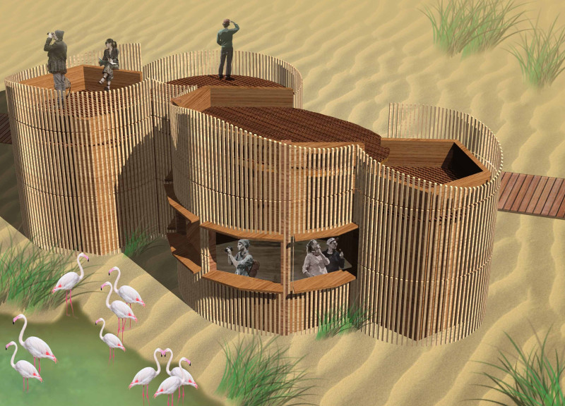 Curvilinear Observatory Constructed with Local Timber and Emphasizing Wildlife Engagement  