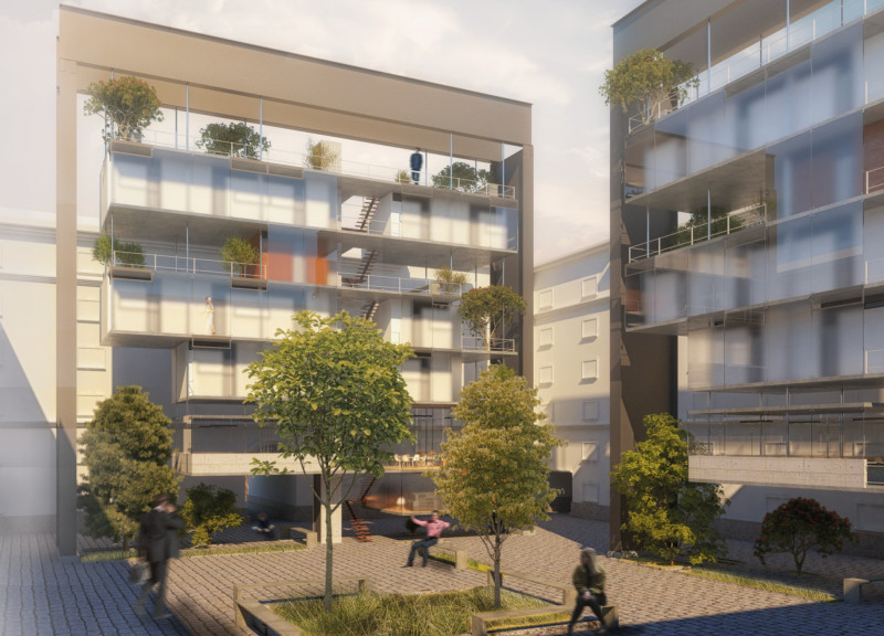 Metallic Portico and Elevated Ground: Modular Co-Living in Historical Rome