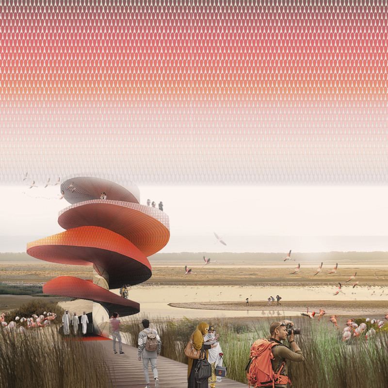 Spiraling Observation Tower Crafted with Reflective Ceramics and Sustainable Materials Overlooking Wetland Ecosystem