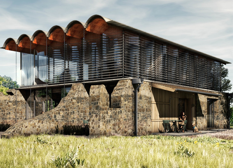 Curved Terracotta Roof and Natural Material Interplay in a Contemporary Tea House  