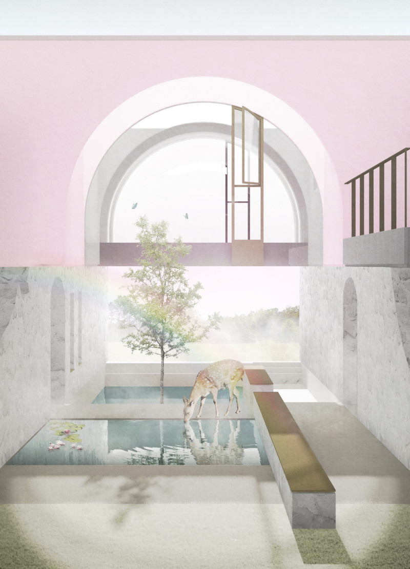 Herbal Pond Retreat With Local Stone and Curvilinear Forms for Mindful Reflection