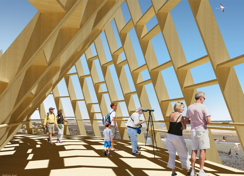 Teak Cladding and Laminated Beams Enhance a Desert Observation Tower Within a Wetland Reserve