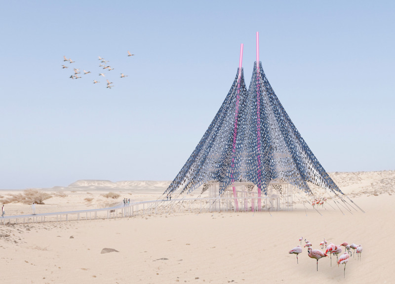 Observation Tower Featuring a Metallic Mesh Facade and Curvilinear Form in a Desert Environment  