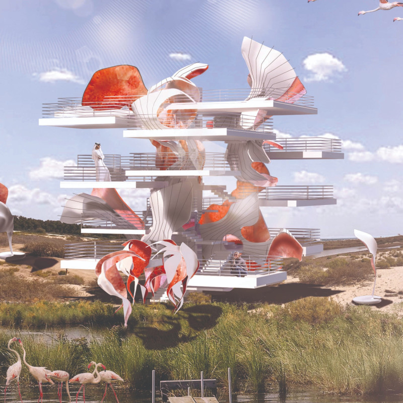 Flowing Shell Structures in Sustainable Steel and Glass for Elevated Bird Observation