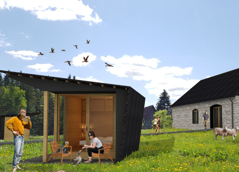 Charred Wooden Shingles and Stone Facade Harmonized with Natural Surroundings in a Serene Guest House Experience