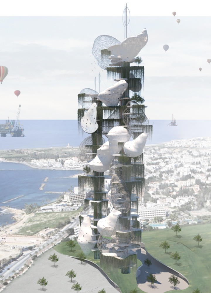 Cocoon-Inspired Vertical Living Incorporating Rainwater Harvesting and Climbing Flora