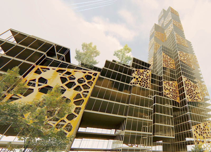 Vertical Farming Skyscraper With Corten Steel Facade and Green Rooftop Integration