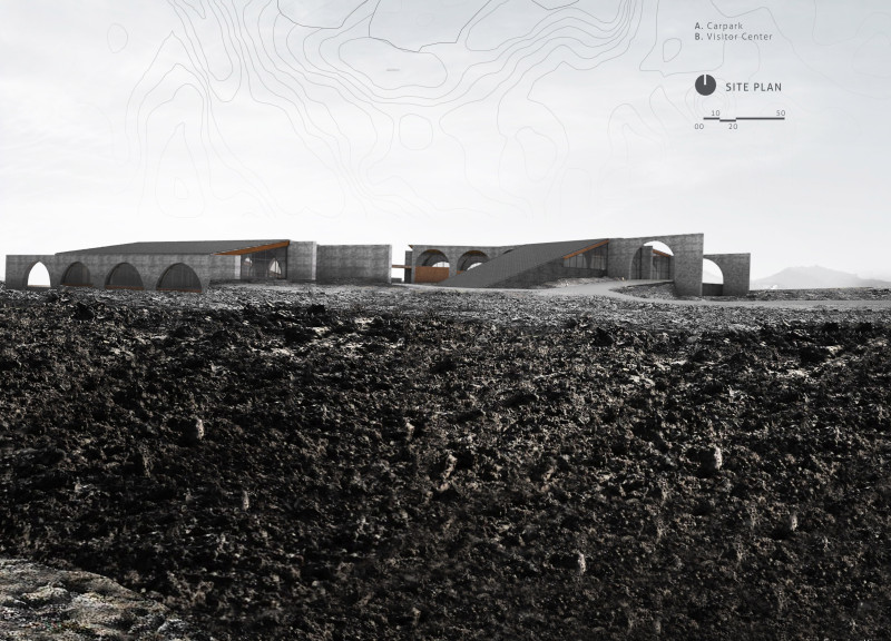 Elevated Pathways and Polished Concrete Form a Sustainable Visitor Center Within Volcanic Landscapes  