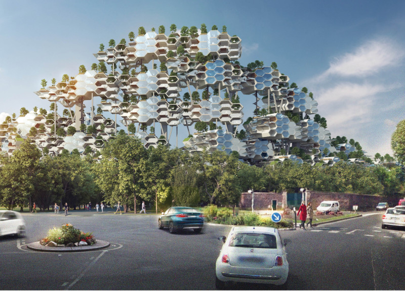 Charred Wooden Shingles and Hexagonal Modules in a Sustainable Urban Environment
