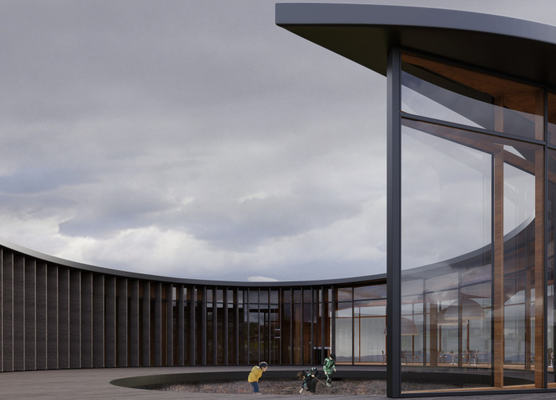 Circular Formation of Charred Shingles and Panoramic Glass in A Community Space