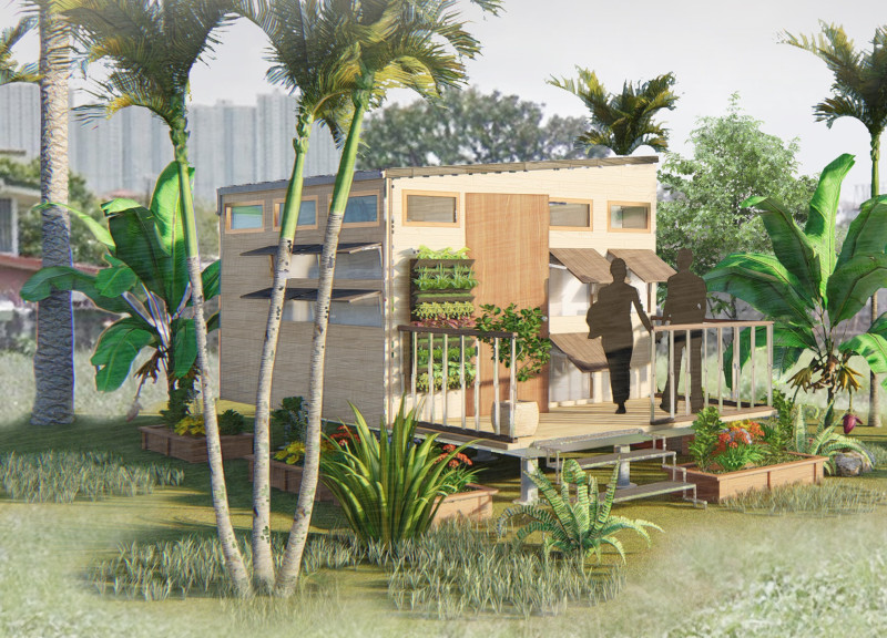 Compact urban dwelling featuring bamboo composite structure and solar glass integration