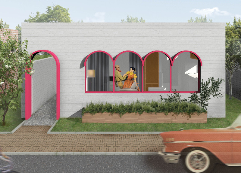 Colorful Façade of Glass and Brick Combined with Flexible Living Spaces in a Sustainable Urban Home