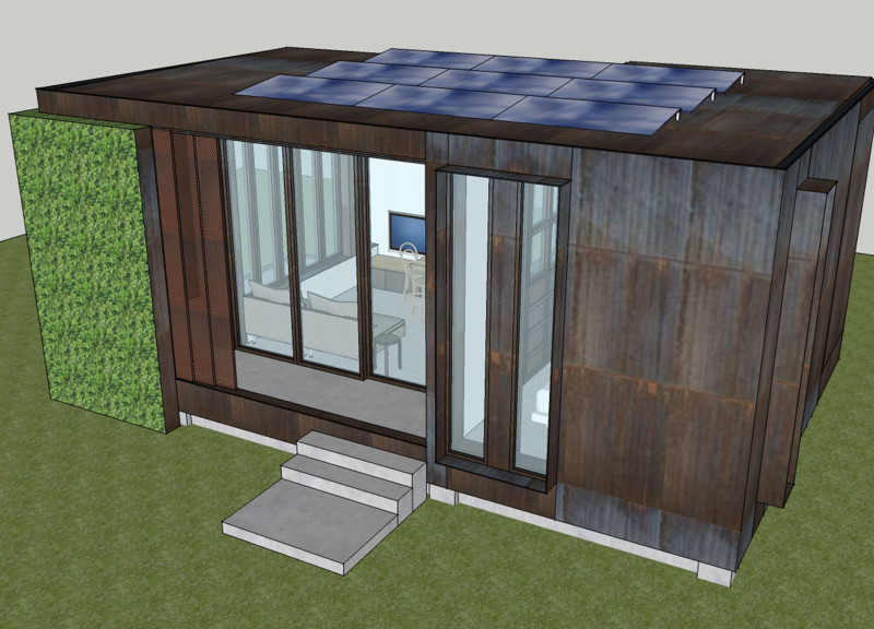 Vertical Greenery and Solar-Powered Microhome Crafted from Lightweight Concrete and Wood