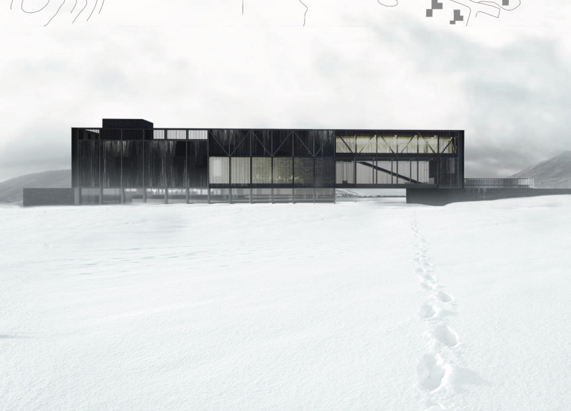 Charred Wooden Shingles and Volcanic Stone Integration in a Cultural Hub