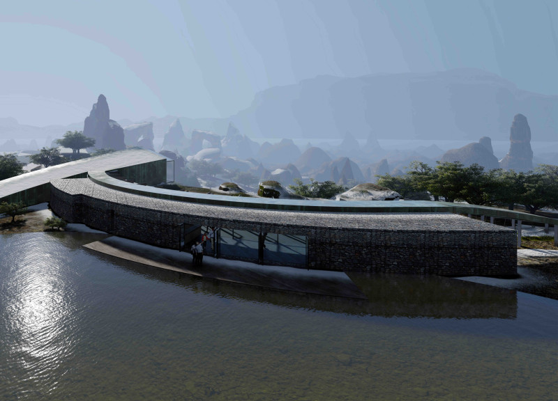 Sculptural Structure Featuring Volcanic Stone and Timber Integration in a Visitor Center Setting