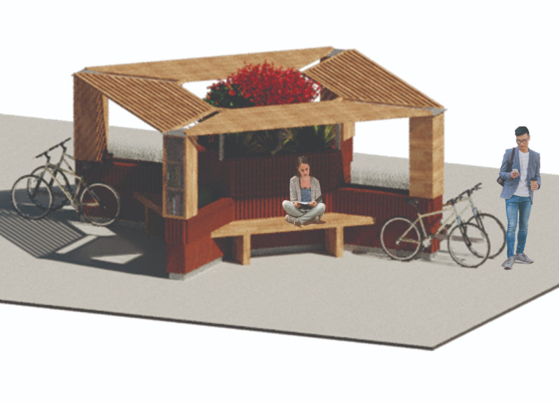Weatherproof Public Space Crafted From Galvanized Steel and Natural Wood Elements