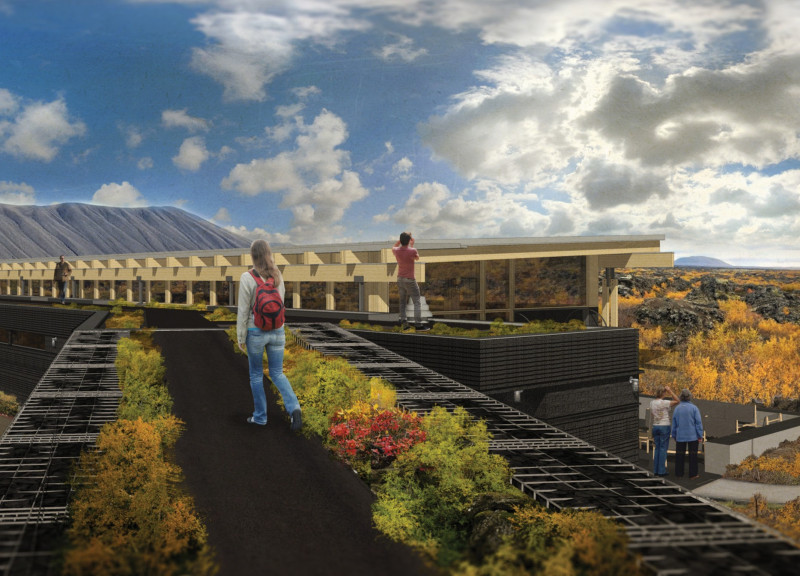 Charred Wood Structure Nestled Among Basalt Formations for Visitor Engagement  