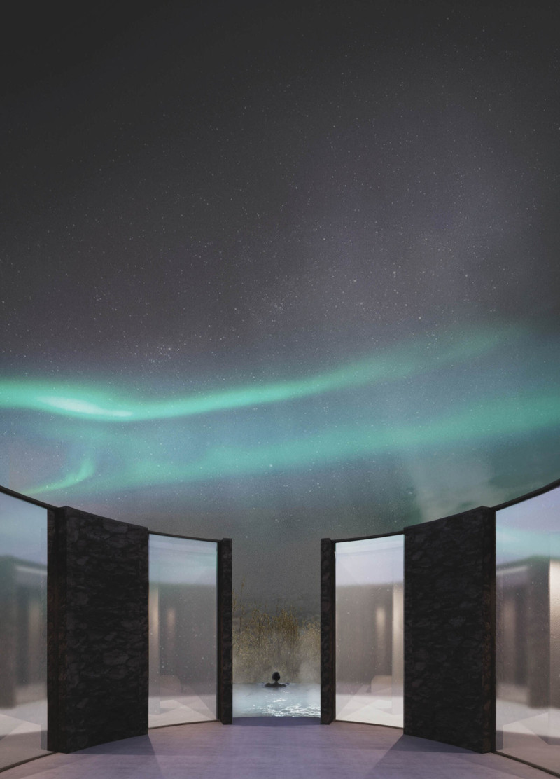 Engaging with Northern Lights Through Charred Wooden Shingles and Rock Walls in a Thermal Retreat