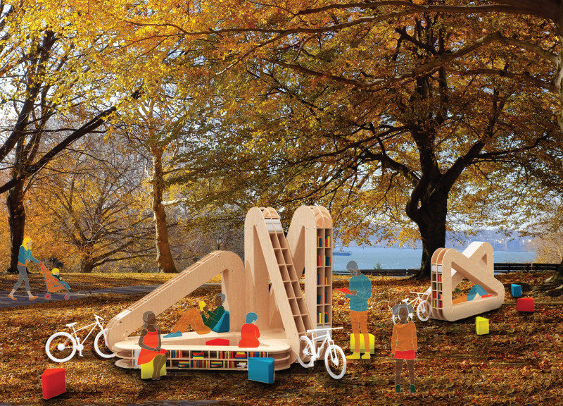 Triangular Community Hub Crafted from Sustainable Plywood with Modular Configurations