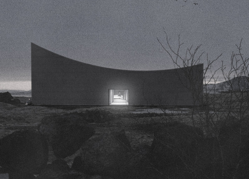 Community hub featuring concrete and large glass facades harmonizing with volcanic landscapes  