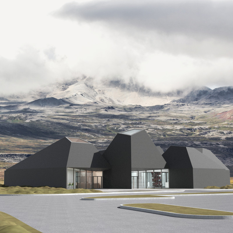 Art exhibition space showcasing natural light integration through black pigmented concrete and warm timber accents  