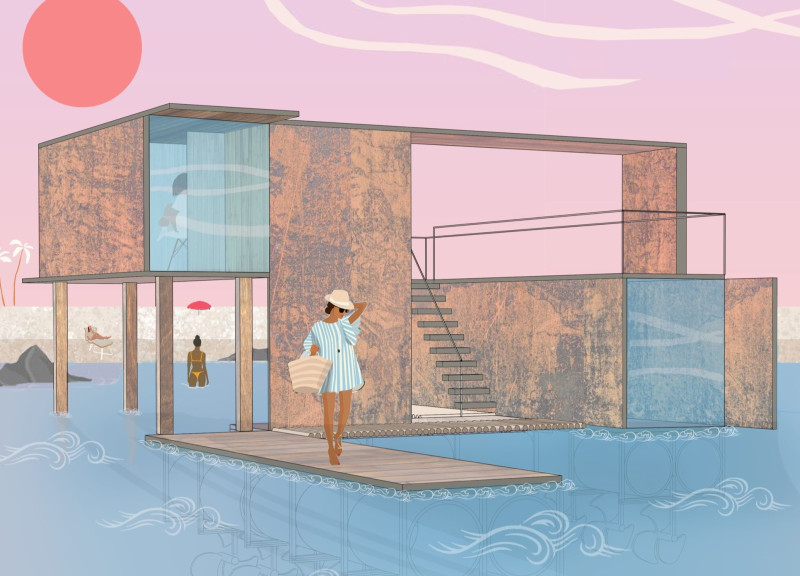 Residential retreat featuring Cor-Ten steel and phenolic plywood integration for sustainable living by the coastline