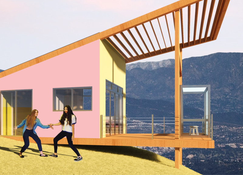 Charming Pink And Yellow Shelter Constructed With Sustainable Wood And Glass For Community Engagement