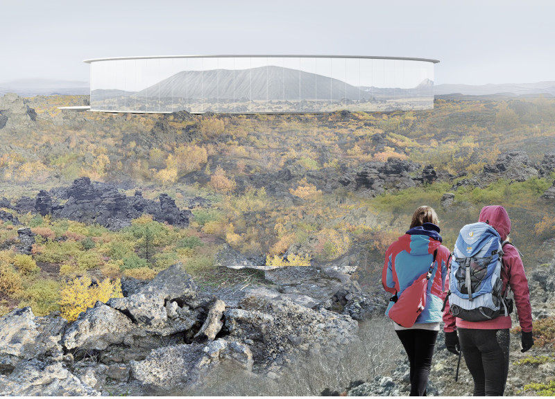 Circular Structure Embraced by Laminated Glass and Steel Columns in Iceland's Black Lava Fields