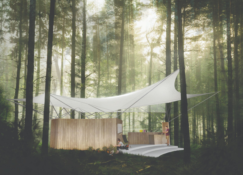 Elevated Structure with Fabric Canopy and Rainwater Harvesting for Sustainable Living in the Rainforest