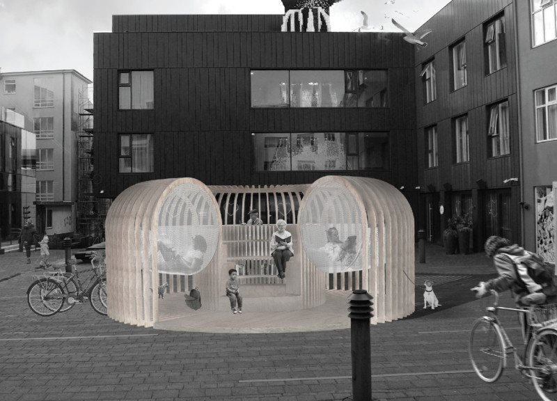 Curvilinear Space Crafted From Plywood and Netting for Community Reading Experience
